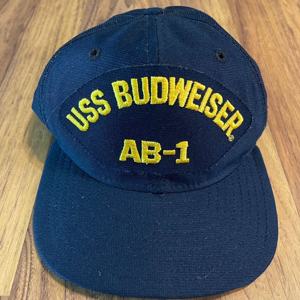 New Era USS Budweiser AB-1 Hat Mens M/L Navy Blue Vintage Snapback Cap USA Made